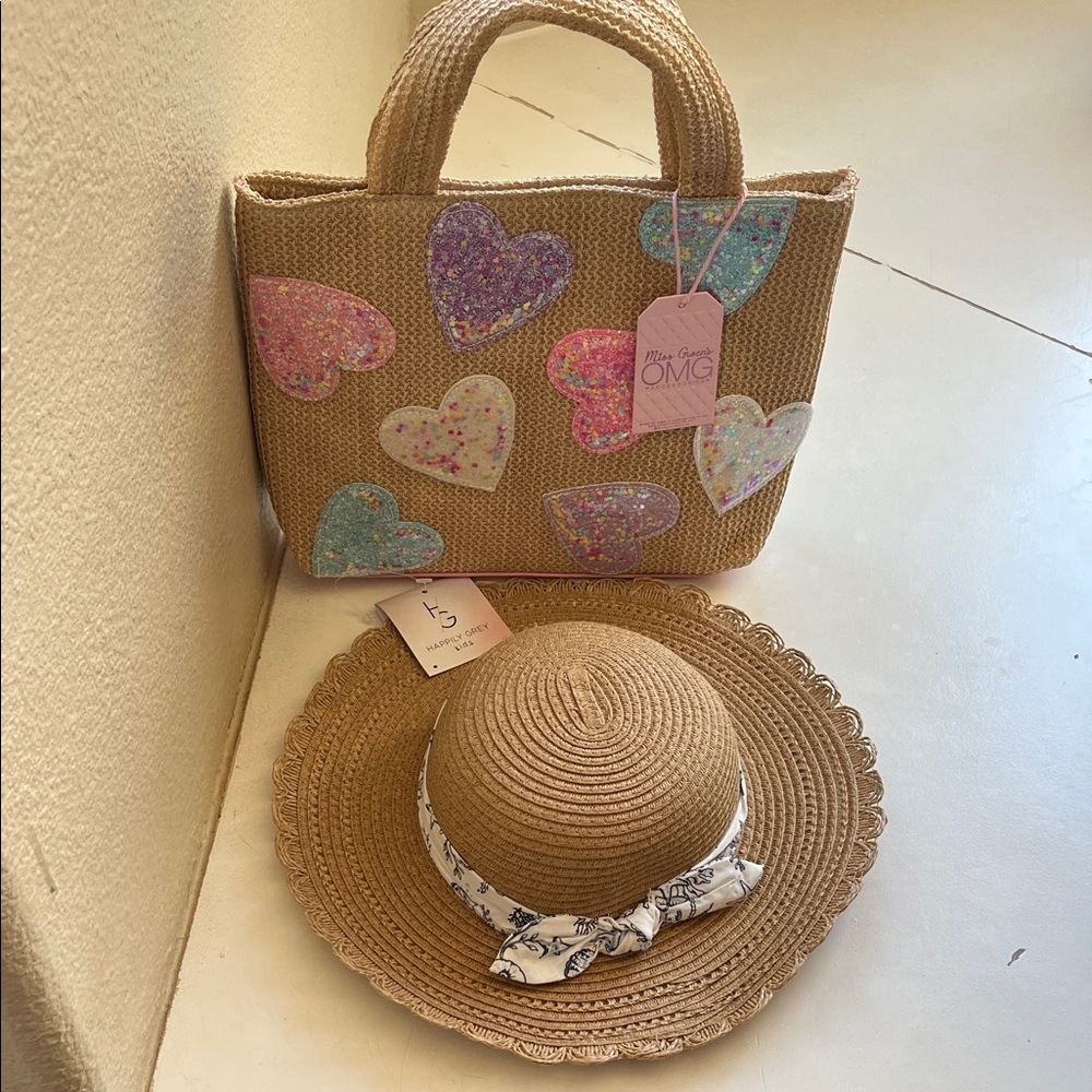 Kids Heart-Patterned Tan Bag/Purse and Hat Set
